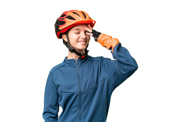 Teenager cyclist girl over isolated chroma key background has realized something and intending the solution