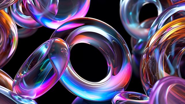 Iridescent Glass Torus Swarm on Black