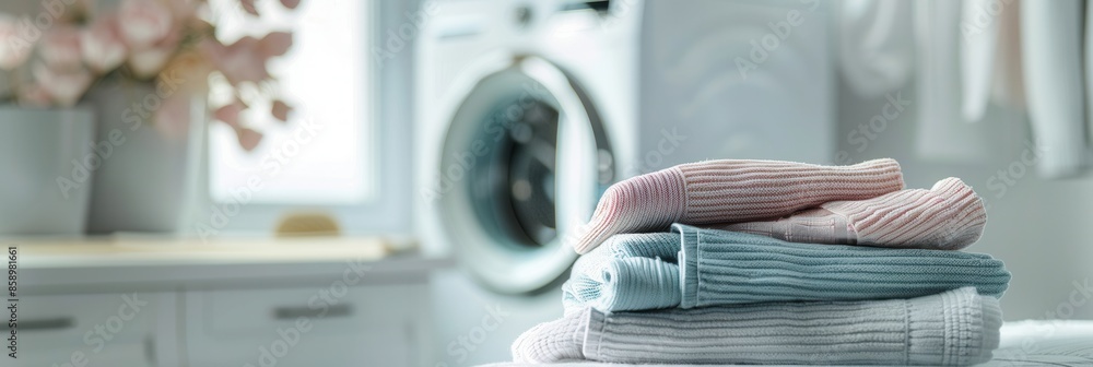 Poster a stack of neatly folded clean laundry sits beside a washing machine in a modern bathroom. generativ