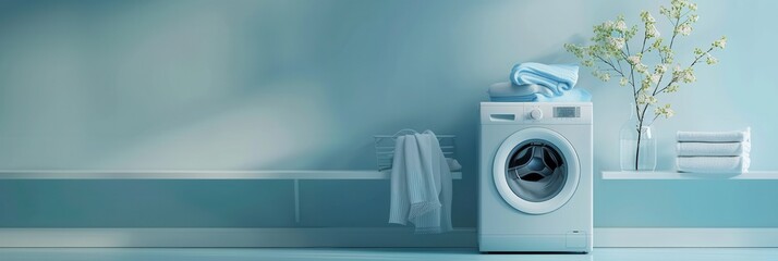 A white washing machine sits next to a shelf with neatly folded laundry in a bright, minimalist bathroom. Generative AI