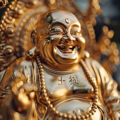 Obraz premium Big Buddha (Wat Paknam) at sunset. Chao Phraya river canal cruise. Tourists traveling by traditional boats. Thailand's most important travel destinations. Bangkok, Thailand. Generative AI