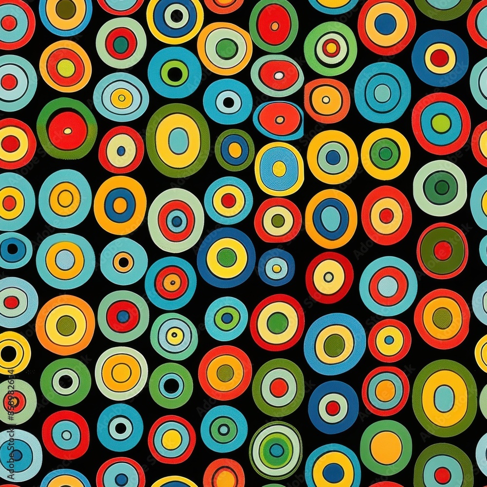 Leinwandbilder This image shows a seamless pattern of colorful concentric circles on a black background. The circles are arranged in a random order, with different sizes and colors.