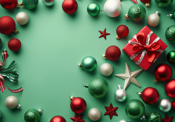 Festive Christmas Decorations on Lime Green Background (generative AI)
