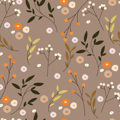 Floral pattern with flowers, leaves, on pastel background. Vector illustration.