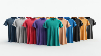 A row of colorful t-shirts in various hues neatly displayed against a white background, showcasing a vibrant array of choices.