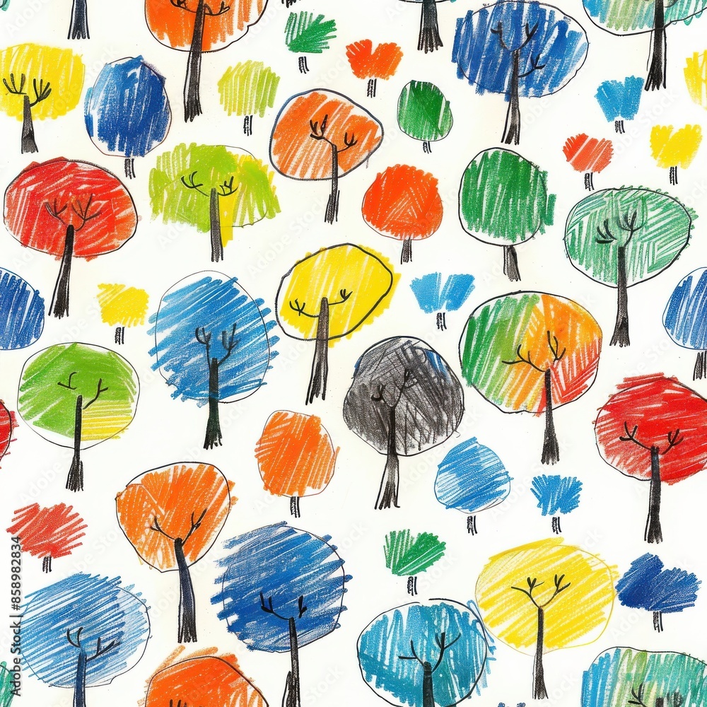 Poster This image is a drawing of a forest of trees, created by a child. It features trees of various colors and shades, drawn in a simple, cartoon-like style. The background is white, and the trees are draw