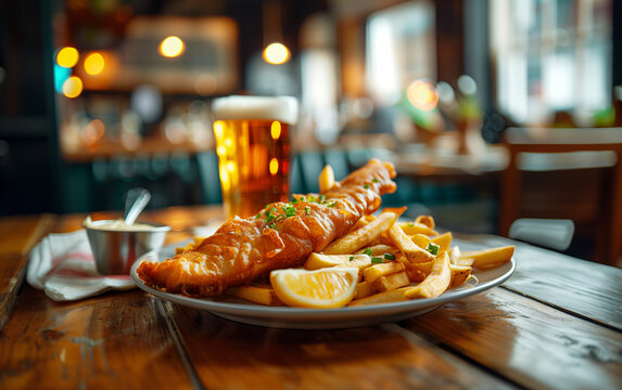 Golden fish and chips with lemon and parsley