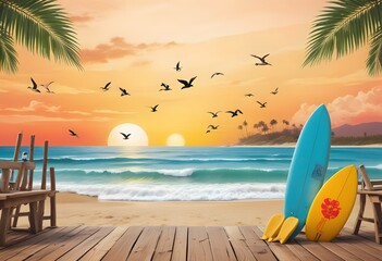 Beach with umbrella and surfboard on wooden deck.