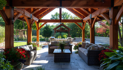Fototapeta premium wood pavilion with gabled roof, outdoor seating and couches under gazebo