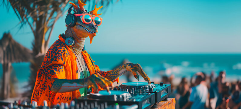 Colorful Lizard DJ With Orange Sunglasses And Headphones On Beach