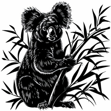 A Black And White Drawing Of A Koala Sitting On A Tree Branch