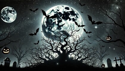 Naklejka premium A mystical Halloween night scene featuring a full moon, bats, jack-o'-lanterns, and a creepy tree with twisted branches
