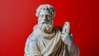 Fototapeta premium A statue of a man holding a red phone.