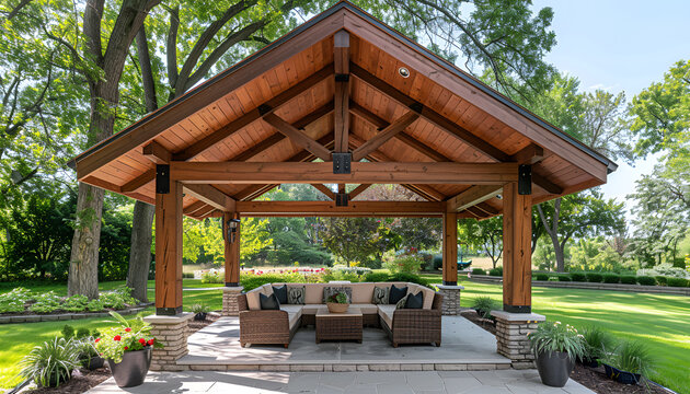 wood pavilion with gabled roof, outdoor seating and couches under gazebo