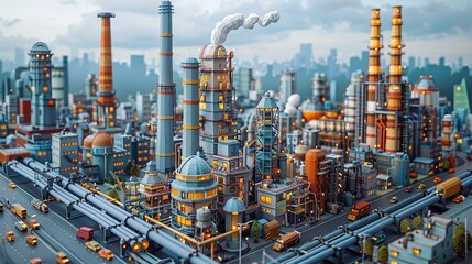 Intricate paper craft illustration of a vast industrial plant, complete with towering smokestacks, complex machinery, and pipelines, set against a backdrop of a sprawling city with heavy traffic.