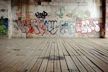 Backdrop of a wall in an abandoned house with graffiti graphics and broken floorboards.