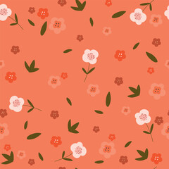 Cute flowers pattern on peach background. Seamless pattern with flowers.	
