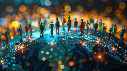 A captivating scene of miniature people atop a glowing, detailed map, representing global connectivity and modern society.