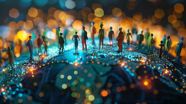 A captivating scene of miniature people atop a glowing, detailed map, representing global connectivity and modern society.