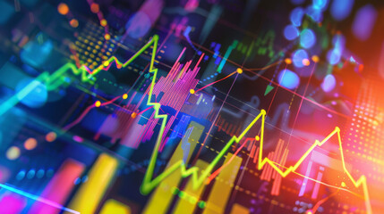 A vibrant, colorful graphic showing financial data with fluctuating lines and bars, reflecting dynamic market trends.