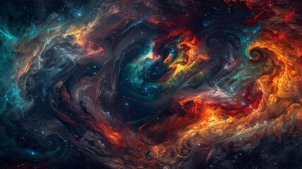 A mesmerizing depiction of colorful cosmic phenomena swirling amidst the vastness of space