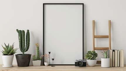 Scandinavian living room with a black poster mock-up frame on a light wood shelf, featuring cacti, minimalist plants, books, a retro camera, and a clean ladder for a chic, modern vibe