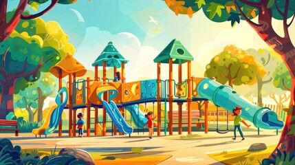 Colorful Playground with Kids Playing on a Sunny Day