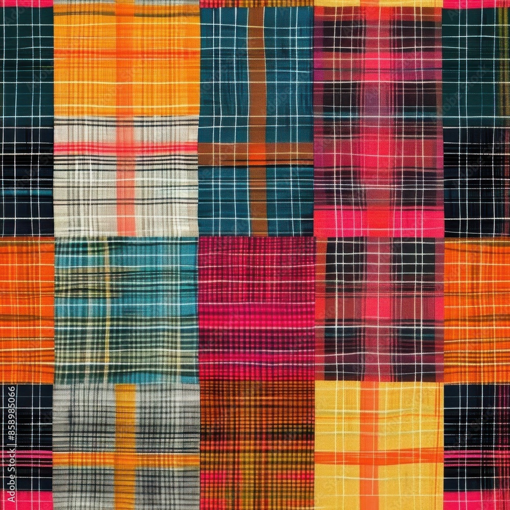 Poster This image showcases a vibrant patchwork design featuring various colorful plaid fabrics. The design consists of 12 square patches, each with a unique plaid pattern, creating a visually stimulating an