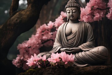 Buddha sculpture peacefully sitting on tree branch surrounded by delicate pink blossoms