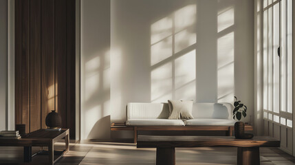 Fototapeta premium Sophisticated modern living room bathed in natural light, highlighting minimalist wooden furniture and creating a stylish, serene environment.
