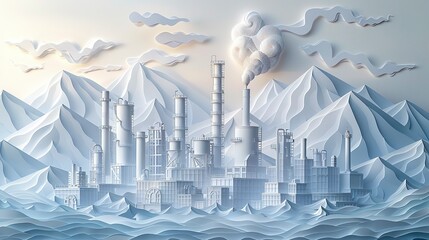 Intricately crafted paper scene capturing the dynamic energy of an industrial city with refineries and factories. Illustration, Minimalism,