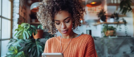 A stylish woman accessorizing her outfit with jewelry and a handbag, preparing to leave her home. The interior decor is modern, with a touch of elegance, enhancing the overall aesthetic of the image.