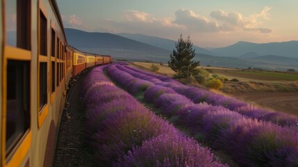 A tranquil train journey surrounded by the calming color of lavender.