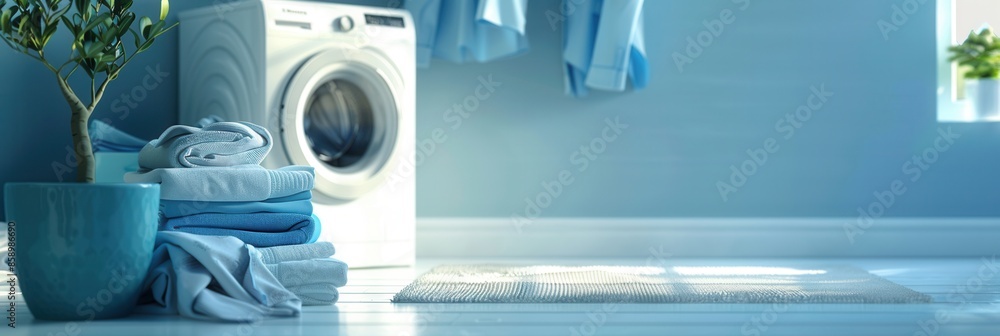 Poster a stack of neatly folded laundry sits near a washing machine in a bright bathroom with a plant in th