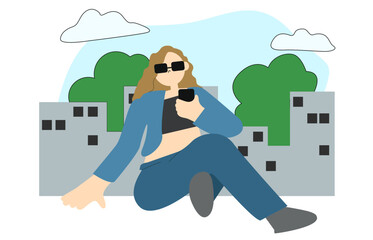 Woman wear sunglasses looking at the phone sitting at the ground with city background vector flat art.