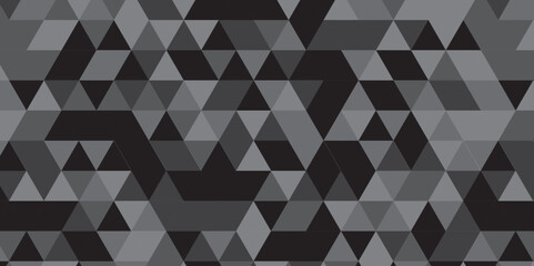 	
Abstract geometric black and gray background seamless mosaic and low polygon triangle texture wallpaper. Triangle shape retro wall grid pattern geometric ornament tile vector square element.