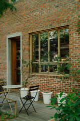 Brick Wall with Potted Plants and Window
