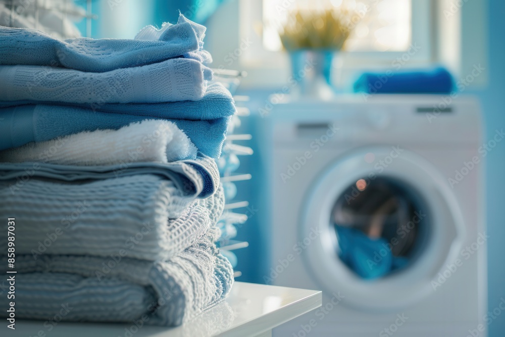 Poster a stack of folded laundry sits on a countertop in a bathroom or laundry room, with a washing machine