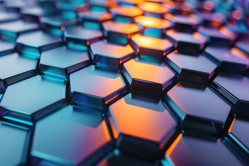 Fototapeta premium : Abstract Background, 3D hexagonal grid in triadic colors of blue, orange, and purple, with a high-gloss finish and varying depths, producing a vibrant and contemporary appearance.