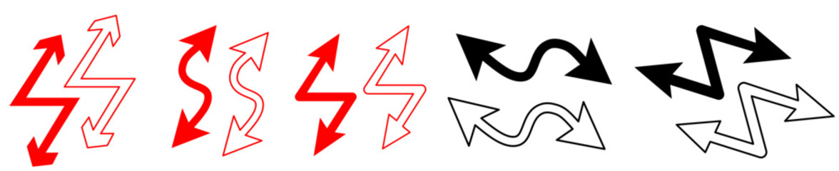 Black double arrow with loop in different directions. Alternate Route line and filled Symbols. Contour image on white. Line circular design for any purposes.