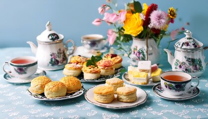 Fototapeta premium A charming tea party setup with an assortment of finger sandwiches, scones with clotted cream