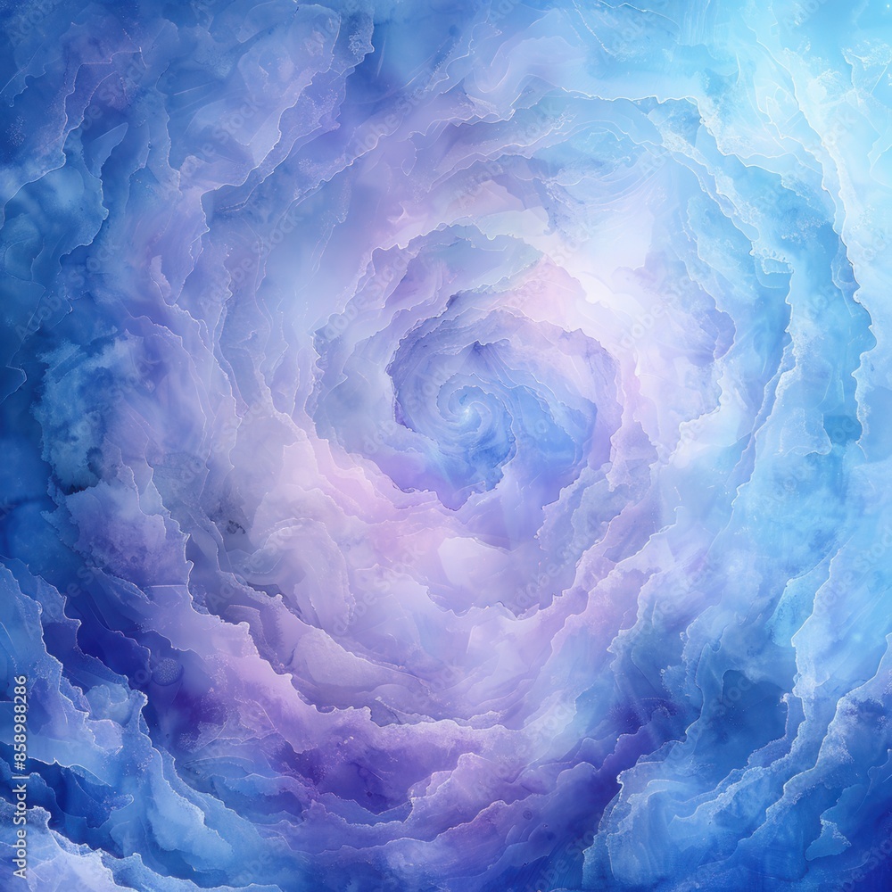 Poster An abstract image featuring a swirling pattern of blue and purple clouds. The clouds create a vortex effect, drawing the viewers eye towards the center of the image. The colors are soft and dreamy, cr