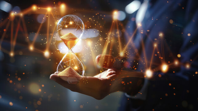 A businessperson dressed formally holds a dynamic, illuminated hourglass amidst a backdrop of digital charts, embodying the concept of time management and data.
