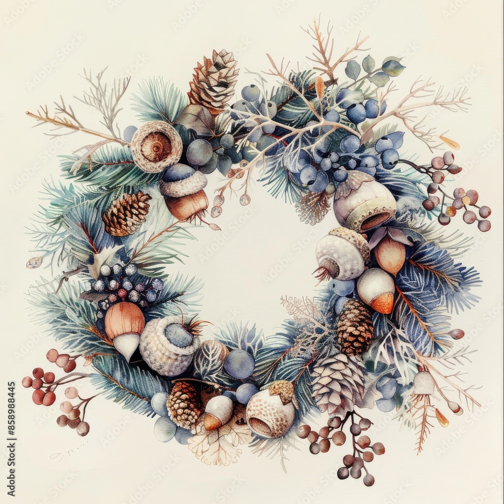 Poster this image is a watercolor illustration of a winter wreath. the wreath is made of pine branches and 