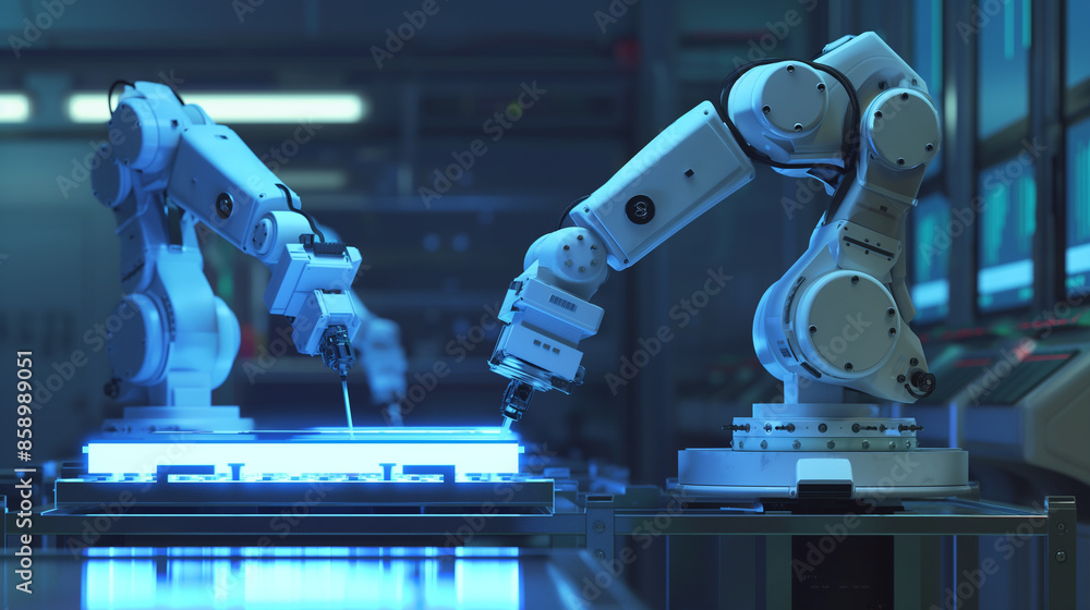 Aufkleber automated robot for circuit board (pcb) assembly during soldering or welding of parts at a factory. 