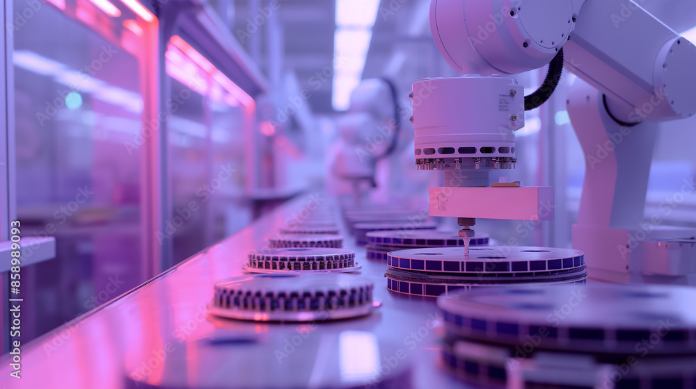 Poster close-up of a semiconductor wafer device after the dicing process. the silicon mold is being extract
