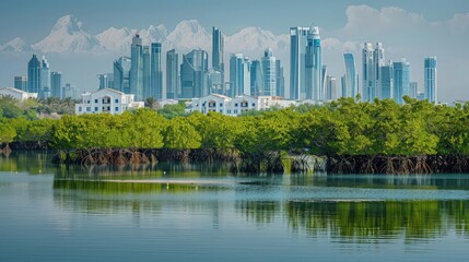 Obraz premium Mangroves in Persian Gulf, United Arab Emirates against backdrop of skyscrapers (white houses) of Abu Dhabi like snowy mountains. Successful case of combining natural and urban environment.