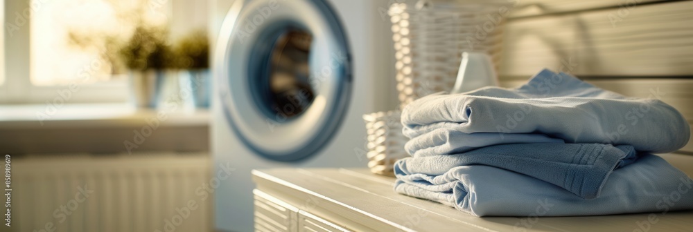 Poster A stack of folded, clean laundry rests on a counter in a laundry room. The washing machine is out of focus in the background. Generative AI