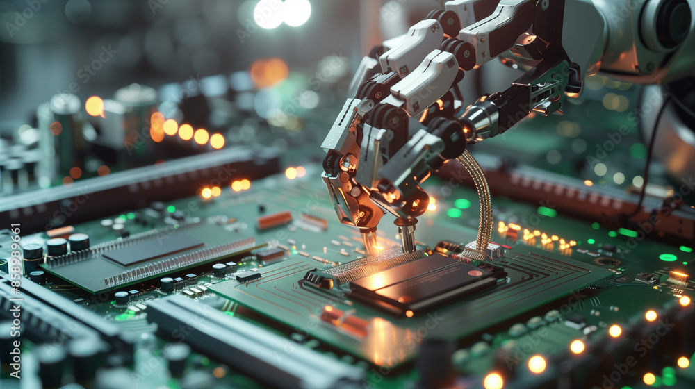 Poster automated robot for circuit board (pcb) assembly during soldering or welding of parts at a factory. 