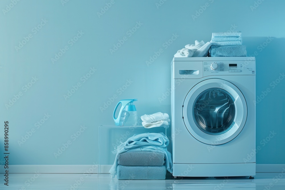 Poster a washing machine sits next to a neatly stacked pile of clean laundry in a blue room. generative ai